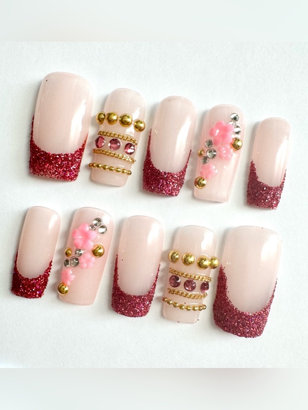 Press-On Nails with Pink Glitter French Tips with 3D Flower and Bangle Accents